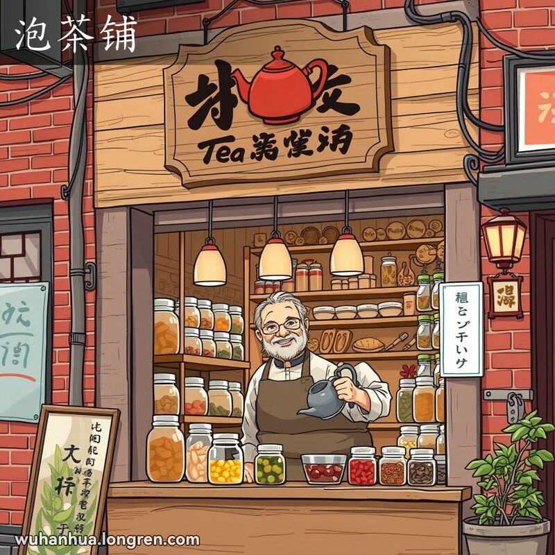 一条武汉老街上的泡茶铺，店内老人微笑着拿着茶壶，柜台上摆满了腌菜和茶叶的罐子