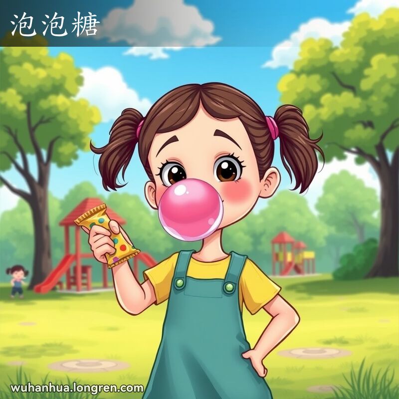 一个小女孩在公园里吹着大泡泡糖，背景是孩子们在玩耍的游乐场