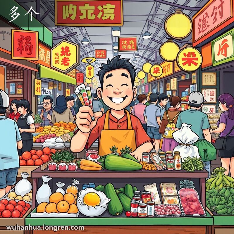 武汉市场摊主手拿多个商品，脸带满意笑容，背景是繁忙的市场景象