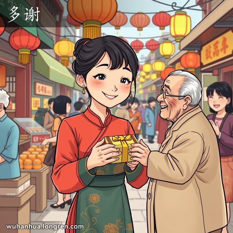 一位年轻女子在武汉市场中双手捧着礼盒，微笑着感谢老人，背景是热闹的市场场景
