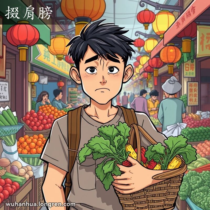 一位年轻的武汉男子在市场中，双肩高高耸起，手提一篮蔬菜，脸上带着不适的表情，背景是热闹的市场场景。