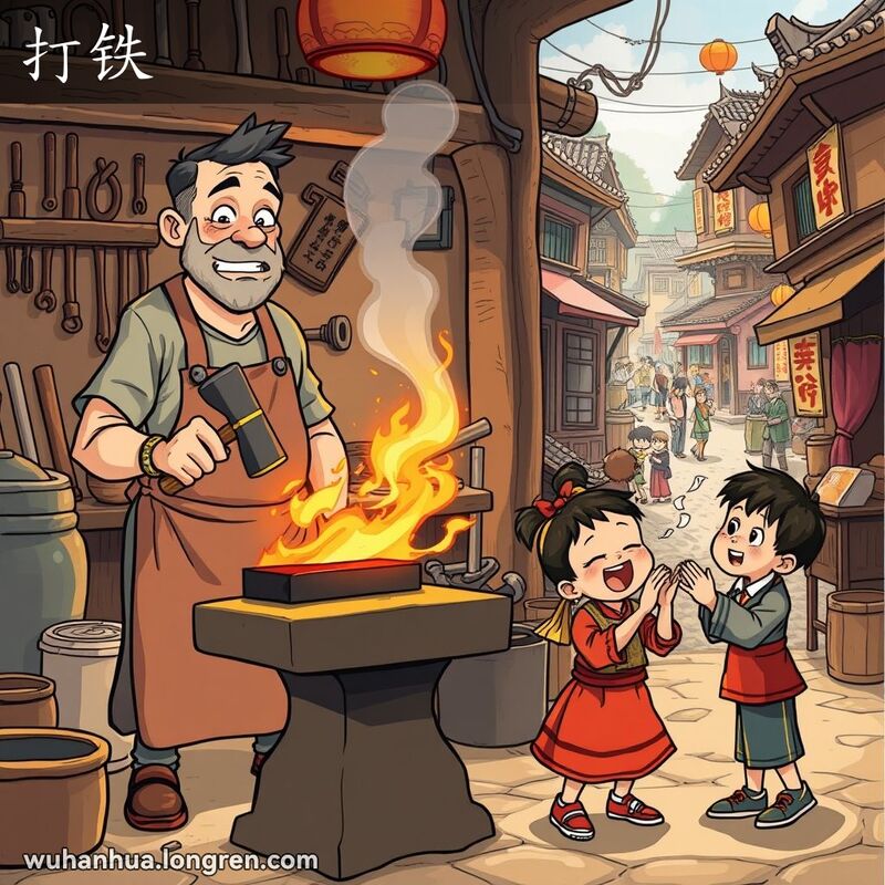 一个铁匠在打铁铺敲打炽热的铁块，背景有老工具和炉子；两个孩子在玩手碰手游戏，背景是热闹的老街。