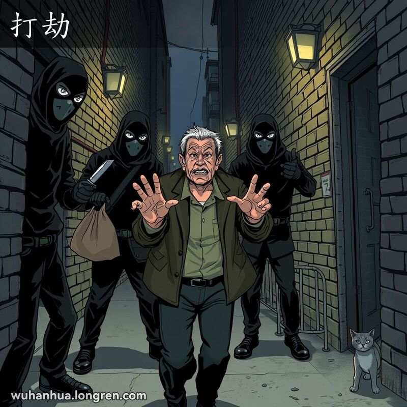 两名蒙面劫匪在武汉小巷威胁路人，要求交出财物，路人表情惊恐。