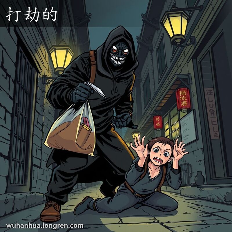 一个蒙面强盗在阴暗的武汉老街巷子里威胁受害者，受害者蜷缩在地上，双手举起投降。