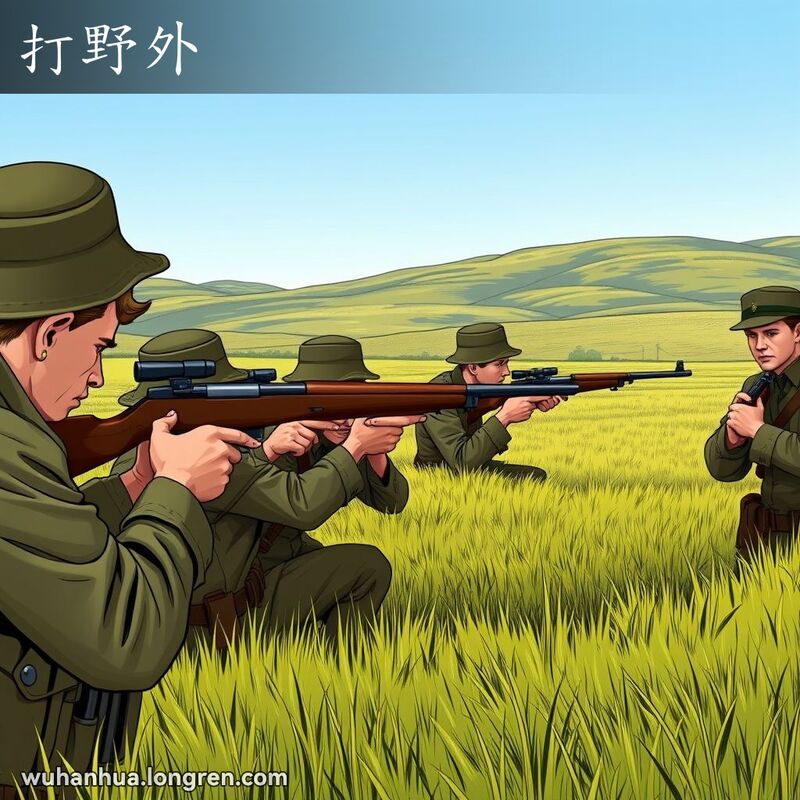 一群穿着旧式军装的士兵在野外进行射击训练，背景是辽阔的草地和起伏的山丘，天空湛蓝。