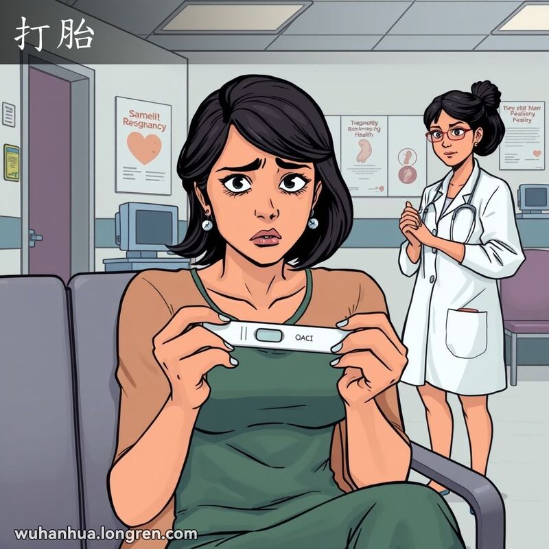 一位女性坐在医院等候室里，手持孕检试剂盒，神情焦虑不安，旁边有护士提供支持，背景是医院场景