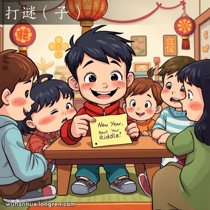 一群孩子在客厅里围坐，一个男孩手持谜语纸条，其他孩子露出好奇和困惑的表情，背景是中国新年装饰