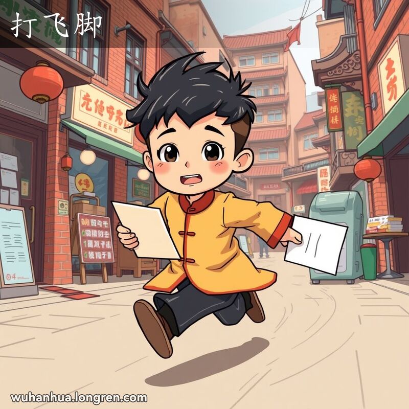 一位小男孩在武汉老街上飞快奔跑，手拿信件，表情坚定，背景有红砖墙和小摊贩。