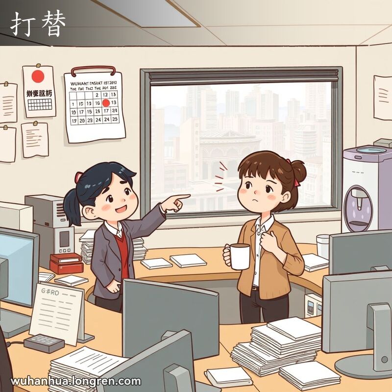 两位同事在办公室里，一位指着日历，另一位点头同意，背景是武汉城市景观