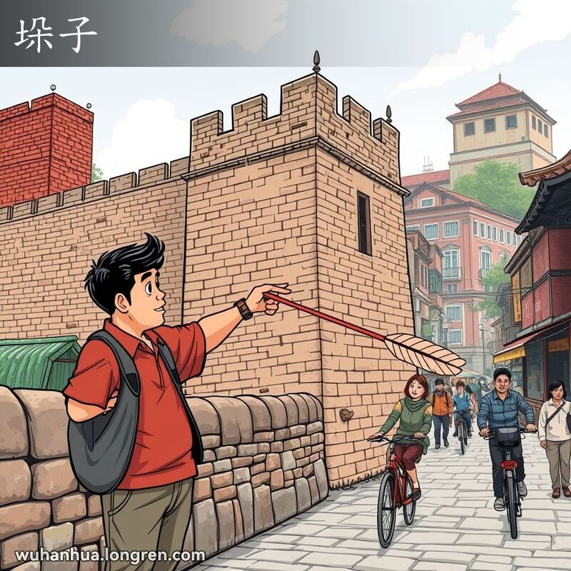 武汉老城墙上的垛子，市民向游客解释，游客手持箭，背景是武汉老街景