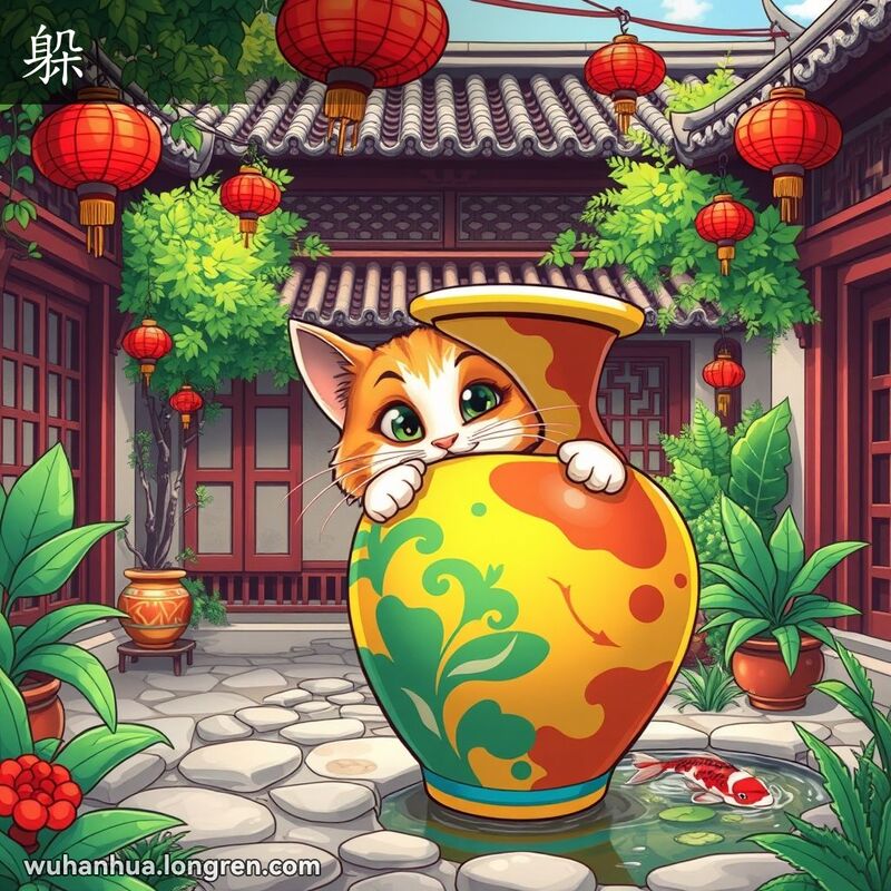 一只猫躲在传统中国庭院的花瓶后面，露出一只眼睛，表情顽皮