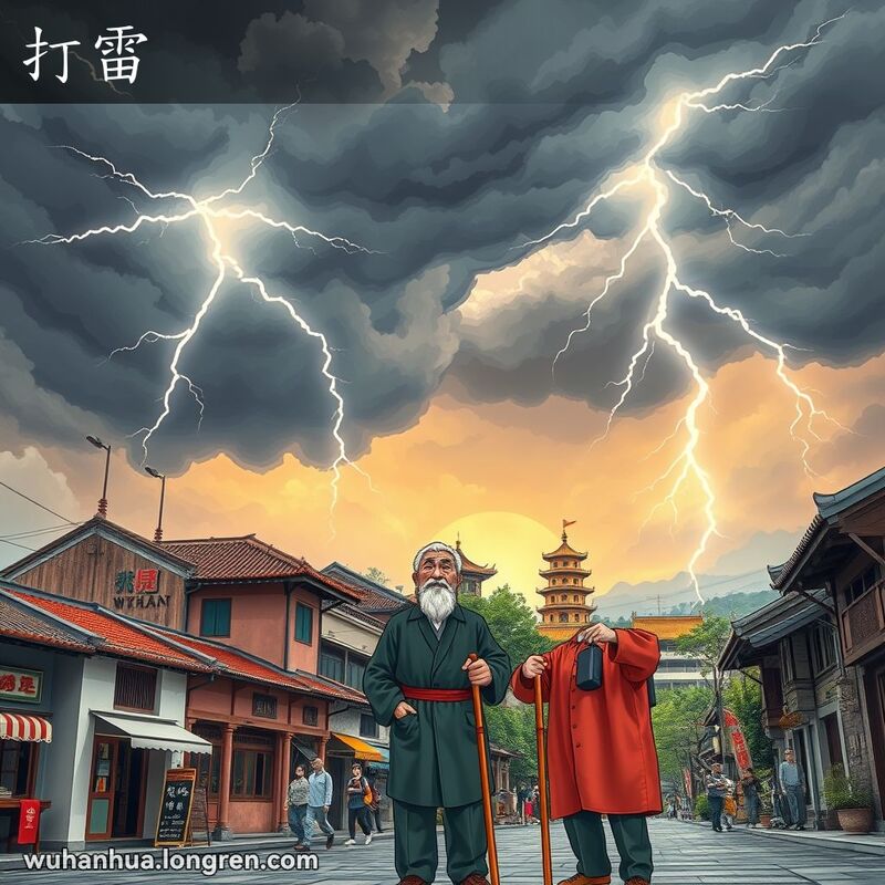 乌云密布、电闪雷鸣的天空，武汉老街和行人，老人抬头仰望，背景是黄鹤楼和长江