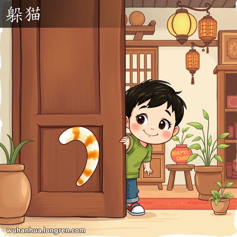 一只猫躲在传统中式门后，只露出尾巴，一个好奇的孩子在寻找猫，背景是温馨的中式家居