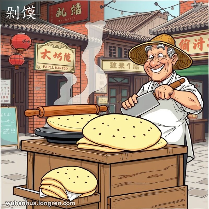 武汉街头小贩正在制作剁馍，背景是老街景，小贩用菜刀将烤好的大饼剁成小块。