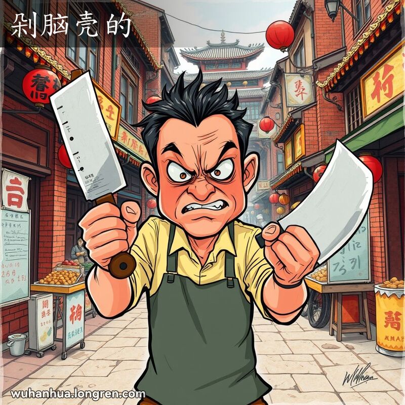 一位武汉男子在街头手持大砍刀，面露愤怒，背景是武汉老街景