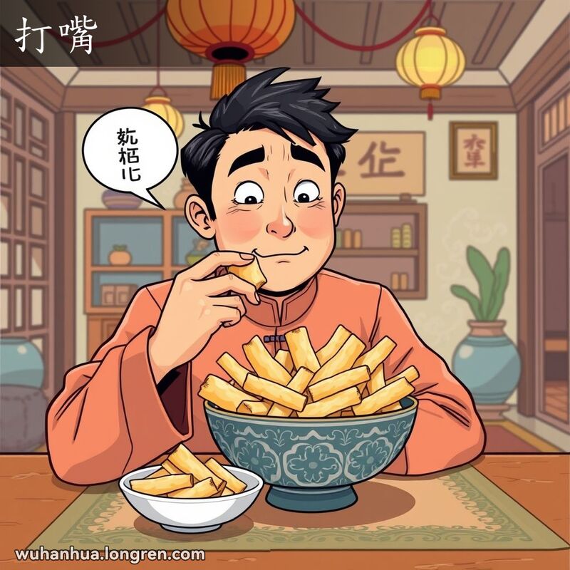 一位穿着传统中式服装的男子坐在桌前，吃锅巴时咬到嘴里的肉，露出惊讶和不适的表情，背景是温馨的中式家庭环境。