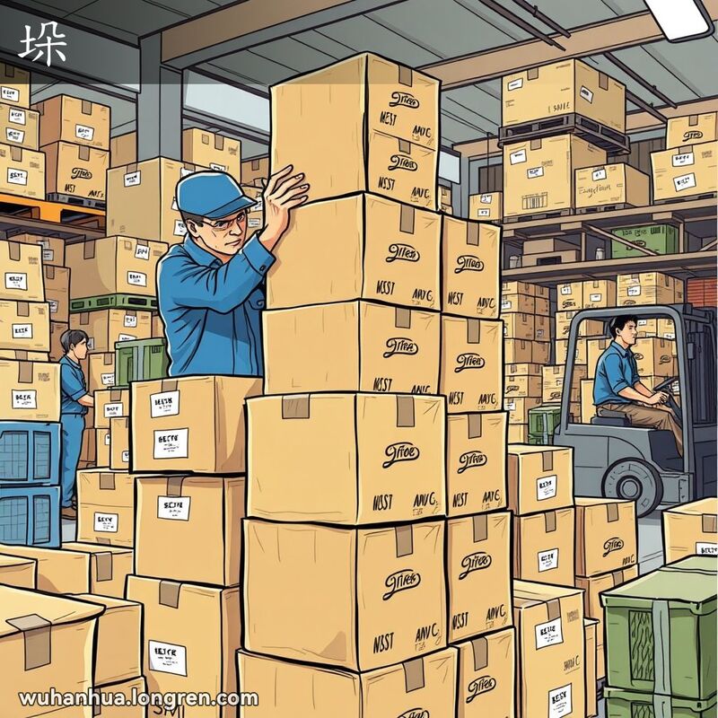 仓库中工人正在堆叠箱子，背景有其他工人和叉车，画面充满忙碌和高效的氛围。