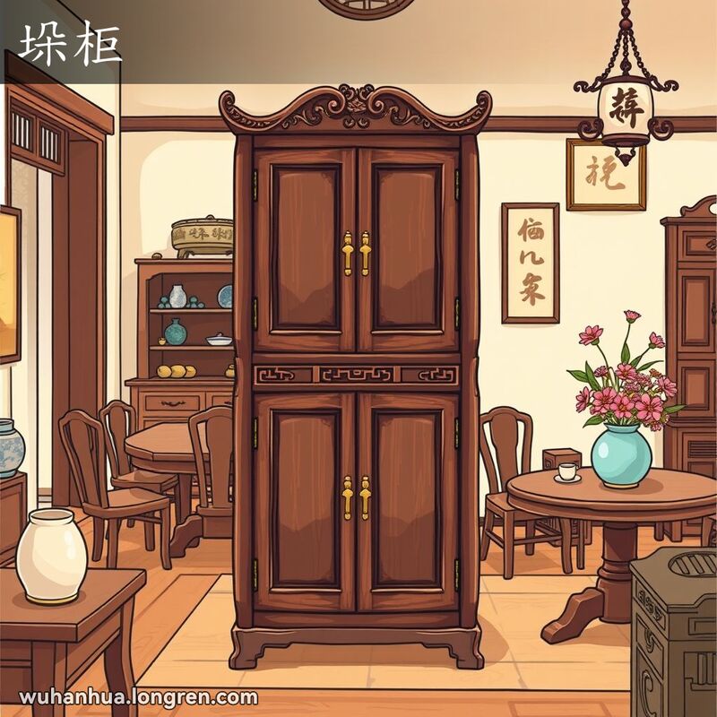 一个传统的武汉家庭场景，展示了一种由两个部分组成的独特柜子，背景有圆形木桌和鲜花
