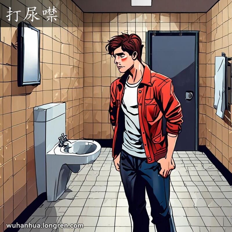一位年轻男子在公共厕所中，神情紧张，身体微微颤抖，仿佛即将如厕但感到焦虑不安。