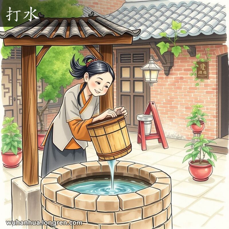 一位中年妇女在武汉庭院中从井中打水，背景有绿植和红砖墙