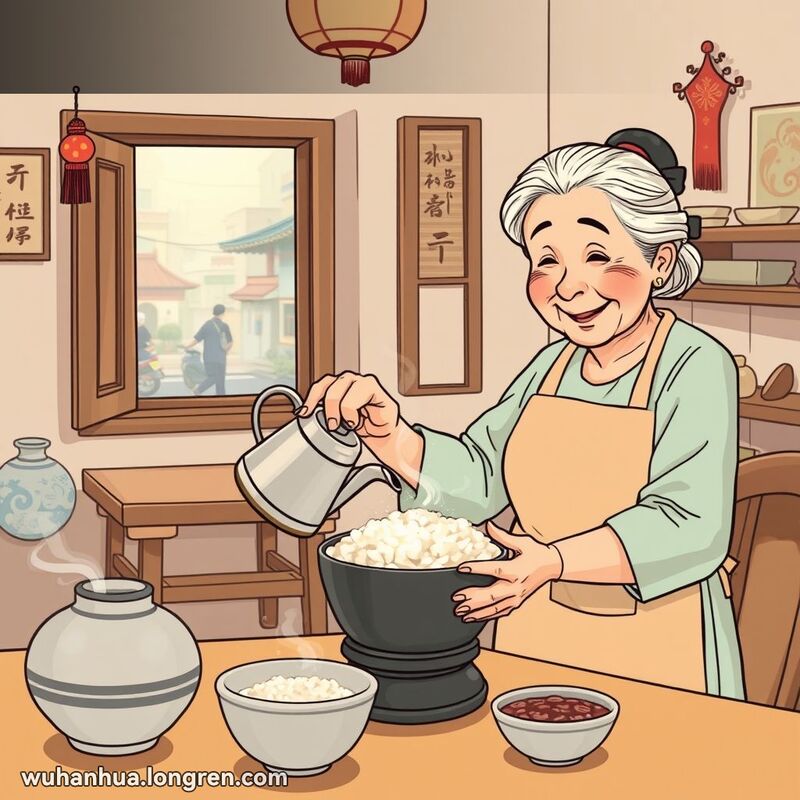 一位武汉奶奶在厨房里用热水泡饭，背景是温馨的传统厨房