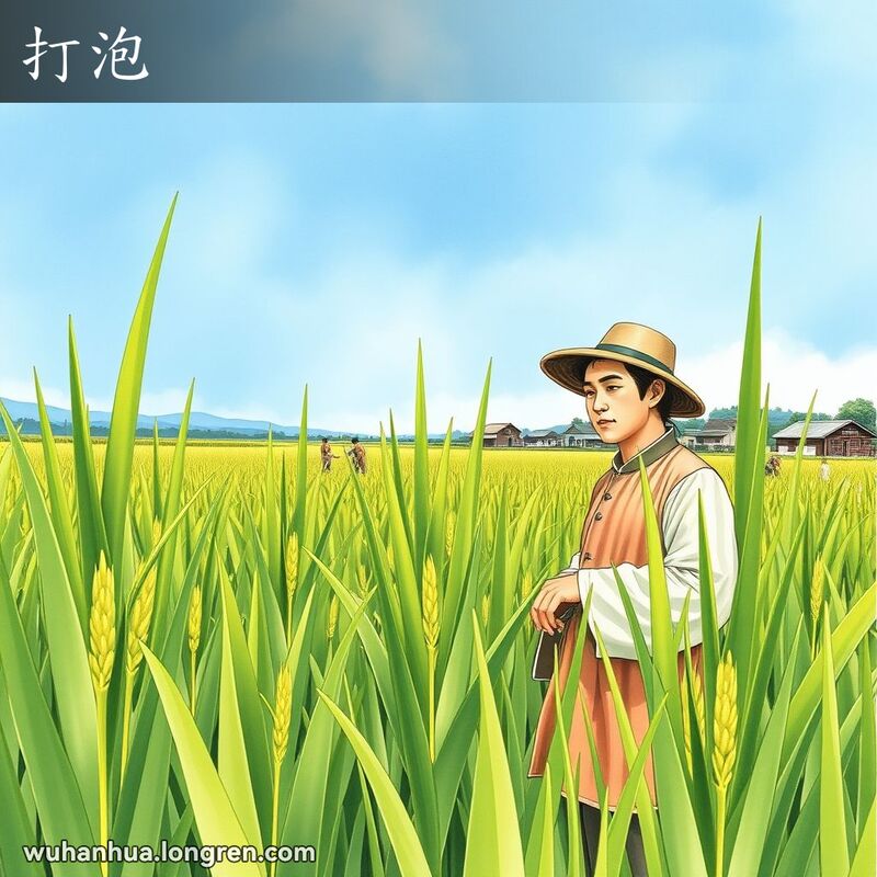 一位农民在稻田中观察水稻，稻穗在叶鞘内形成，背景是宁静的乡村景象