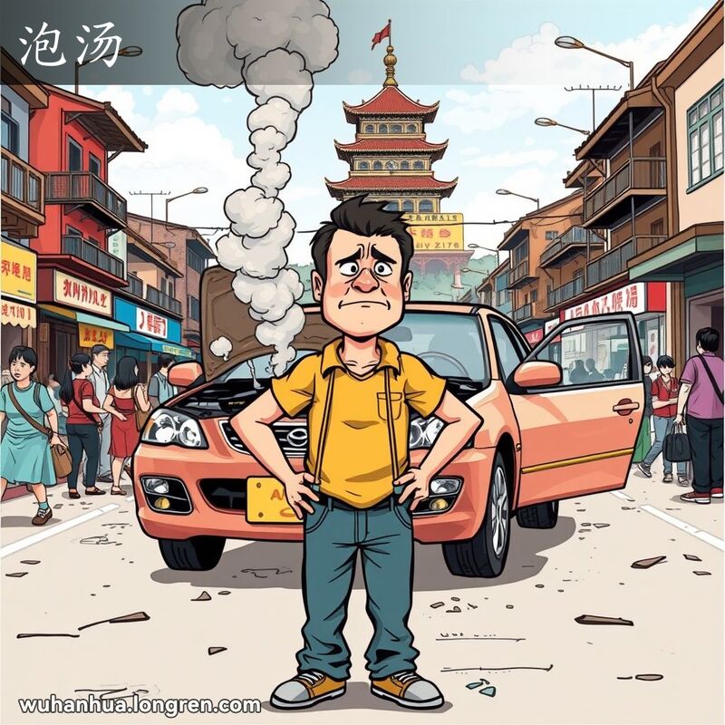 一位武汉男子站在冒烟的坏车前，脸上露出“泡汤”的表情，背景是武汉街景和黄鹤楼