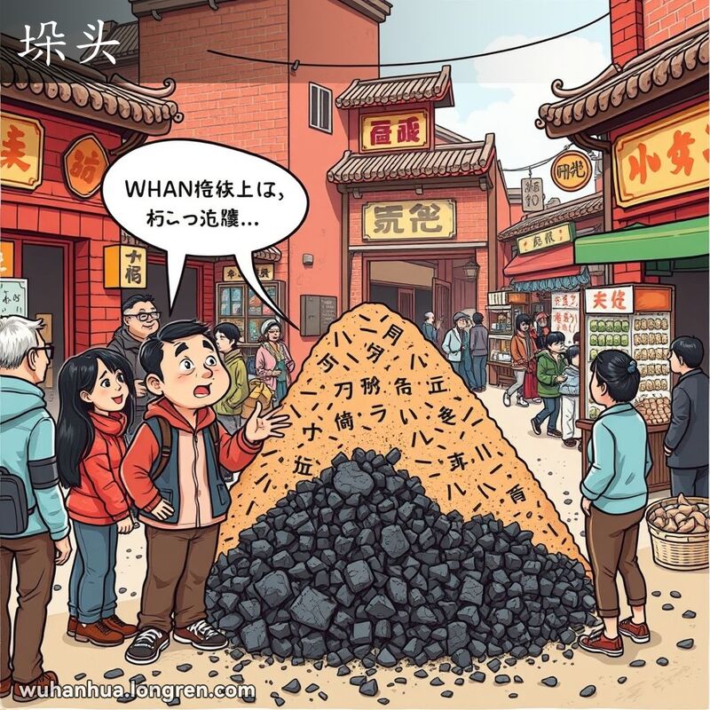 一群人在武汉市场围绕一大堆煤炭，主角指着煤堆露出惊讶表情，背景有其他摊贩和传统红砖墙