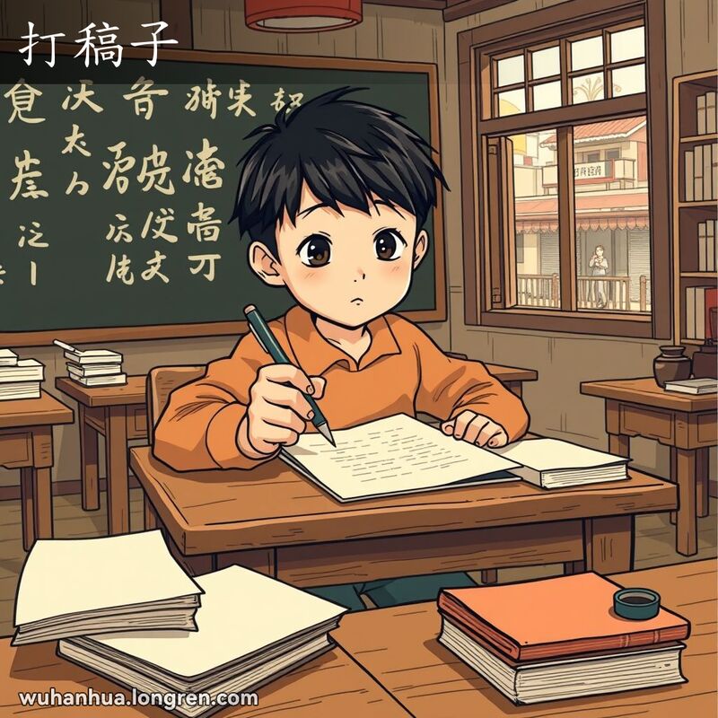 一位学生坐在传统中式教室的木桌前，手持笔，专注地在纸上写着草稿，背景是一个有黑板和旧课桌的教室，窗外可以看到武汉街景。