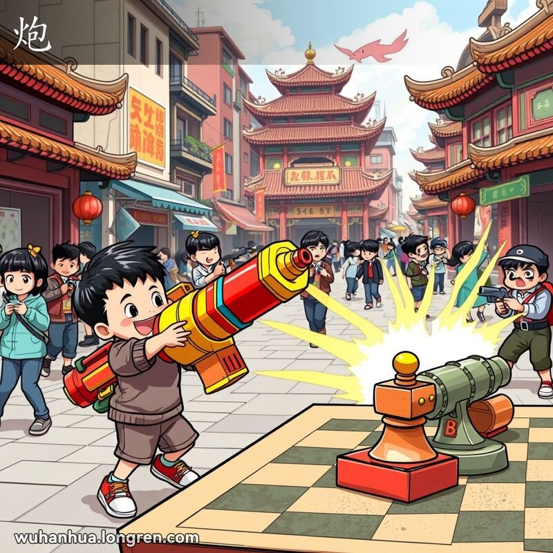 武汉街头，孩子们玩打仗游戏，一个孩子手持大炮玩具，背景有象棋棋盘和炮棋子。