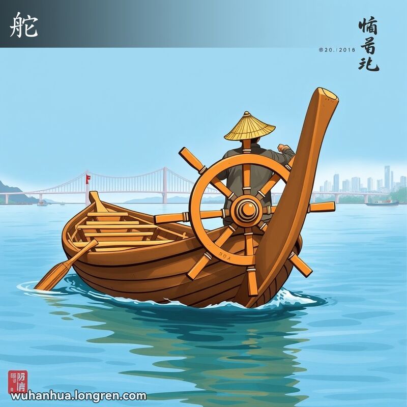 一艘传统木船在长江上航行，船夫操控船尾的舵，背景是武汉长江大桥和城市天际线