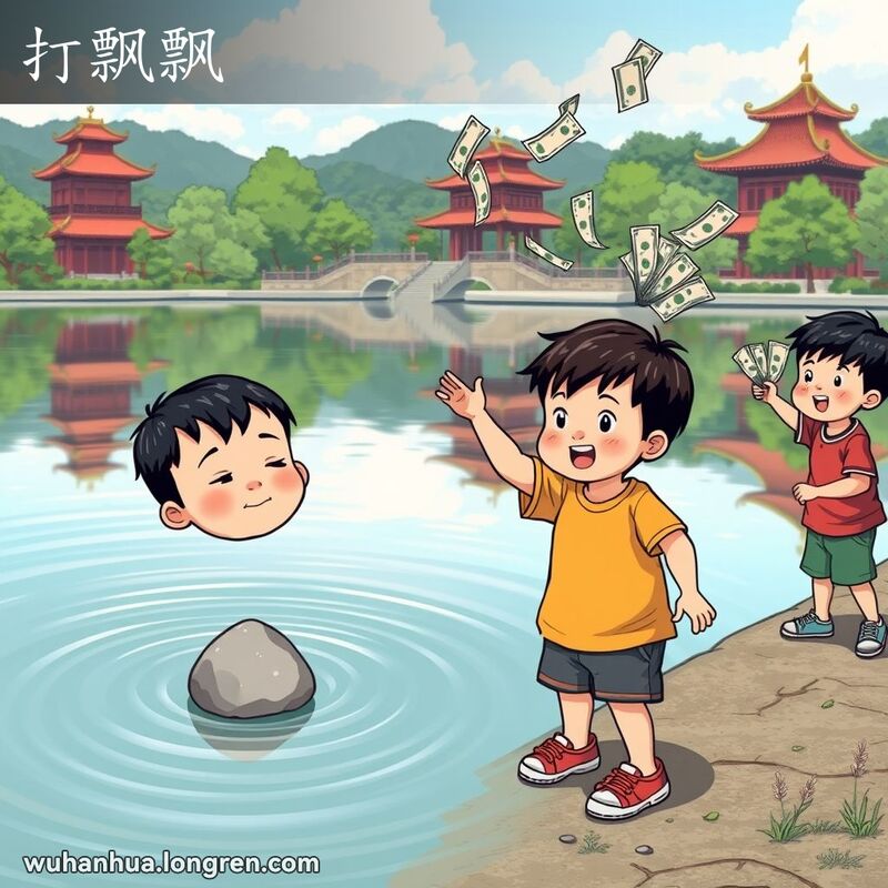 孩子们在湖边玩打水飘儿游戏，背景中另一个孩子随意抛洒钞票，象征浪费钱财。