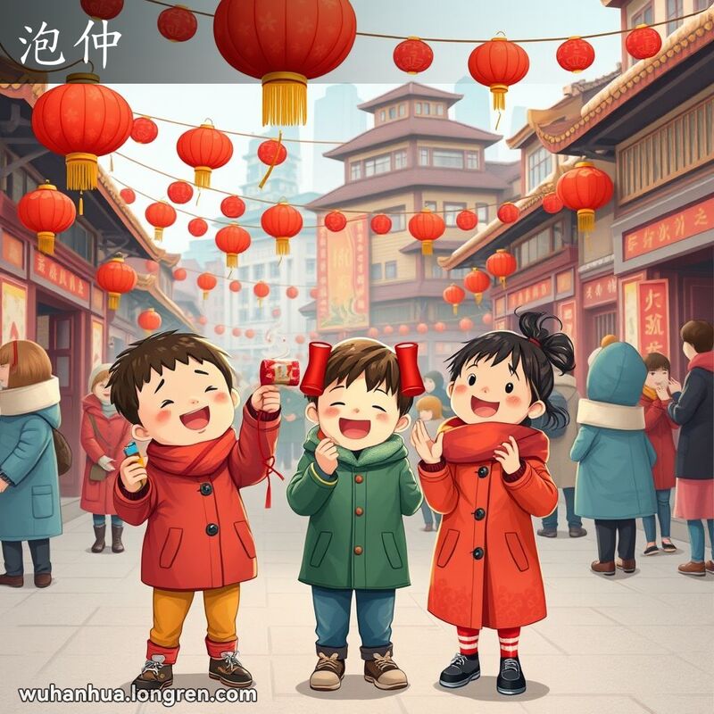 武汉春节街景，孩子们手持自制炮仗“泡仲”，准备点燃引线，背景有红灯笼和装饰