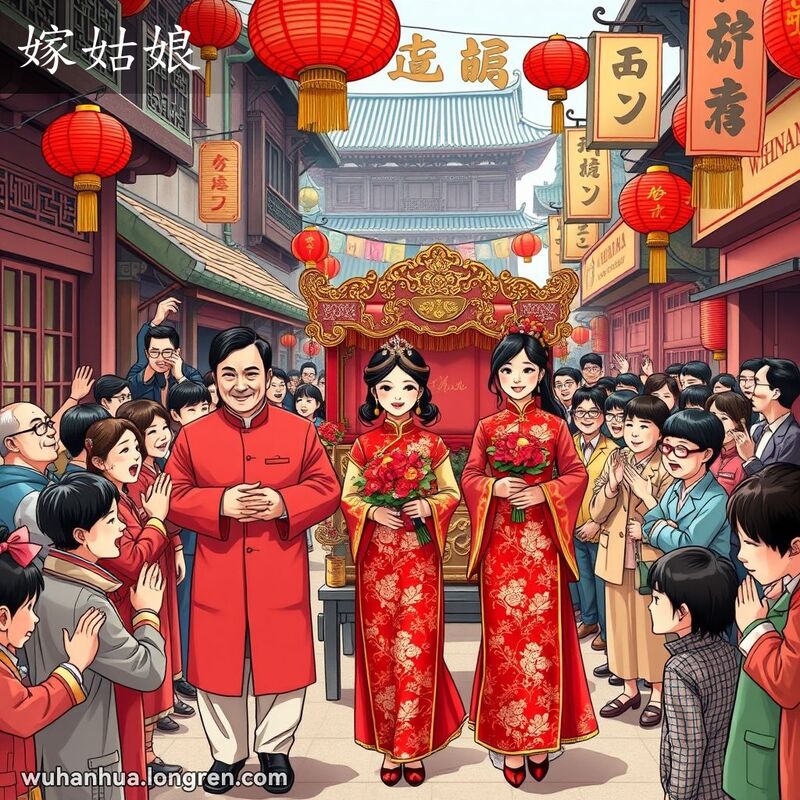 一位身穿红色旗袍的新娘在传统武汉婚礼上，被父母引导走向花轿，周围是欢庆的家人和朋友。