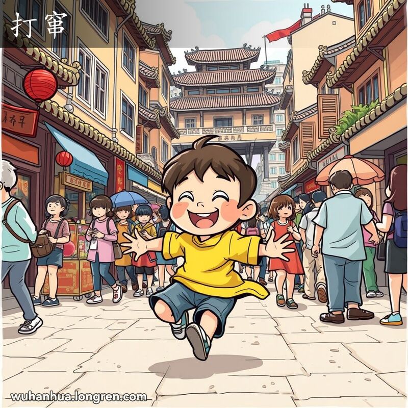 一位调皮的孩子在武汉街头奔跑嬉戏，四处穿梭，背景是热闹的武汉老街景