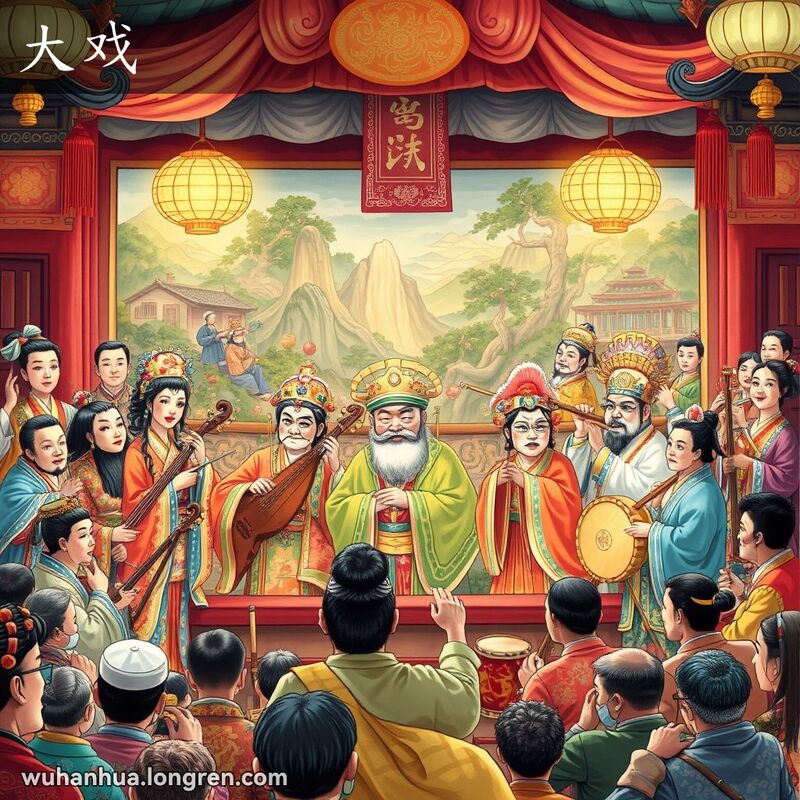 传统中国戏曲表演，舞台上演员们穿着华丽服装，伴随着多种乐器演奏，背景是山水画。