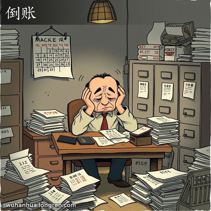 一位男子坐在昏暗的房间里，面前是堆满账单和收据的小木桌，表情焦虑和沮丧，背景中的日历上圈出了几个红色的日期，象征着未能收回的欠款。