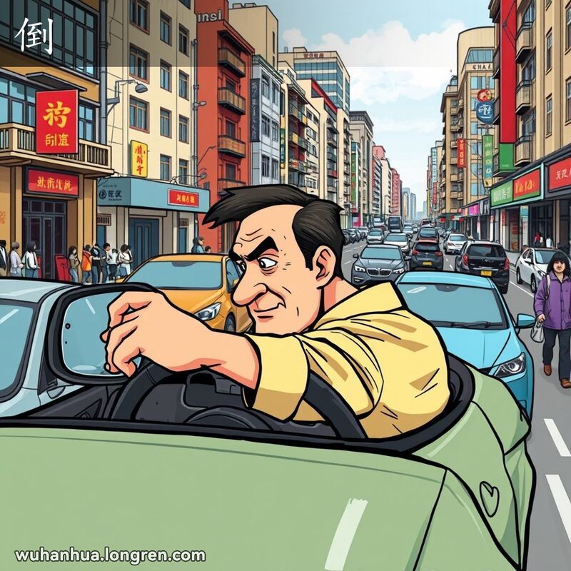 一位武汉市民在繁忙的街道上倒车入库，背景有其他车辆和行人
