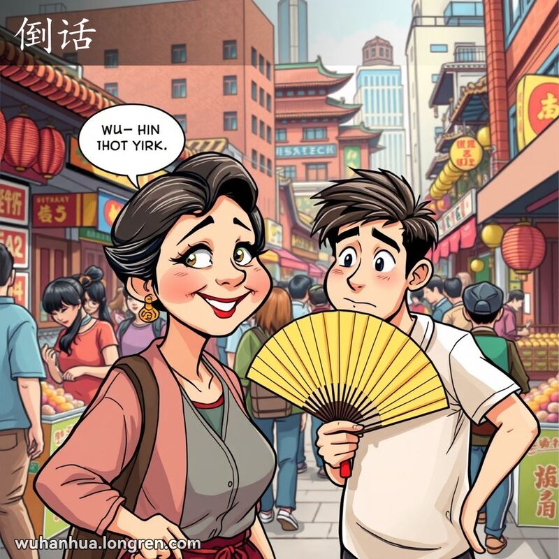 一位中年妇女在武汉街头市场与年轻男子交谈，妇女脸带狡黠笑容，男子显得困惑，背景是老街与现代建筑的结合