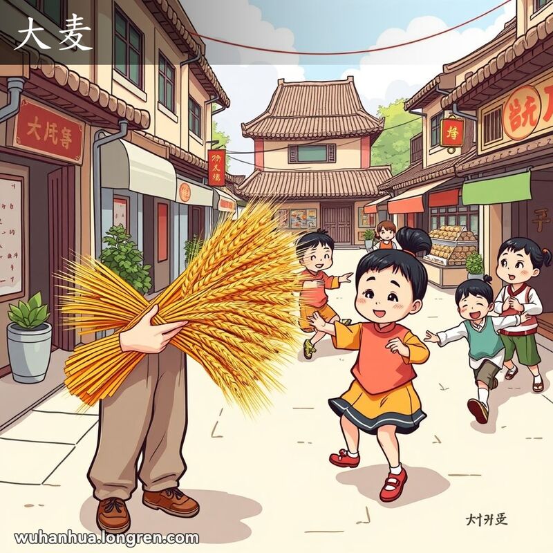 武汉街景中，农民手持大麦，孩子们玩毽子游戏，展示不同踢法，背景有老式建筑和小吃摊。