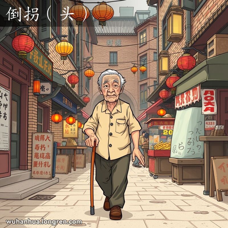 一位老年武汉市民在老街上拄着拐杖行走，背景是武汉的传统老街景