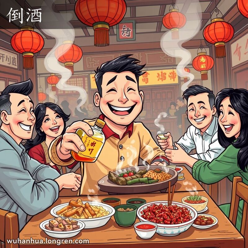 一群朋友在武汉餐馆聚会，主角正为朋友们倒酒，背景是热闹的餐馆氛围