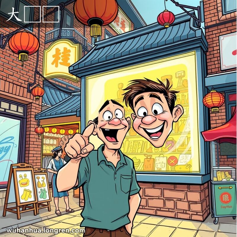 一位武汉男子站在大橱窗前，指着显眼的商品，脸上露出惊讶的表情，背景是武汉老街景