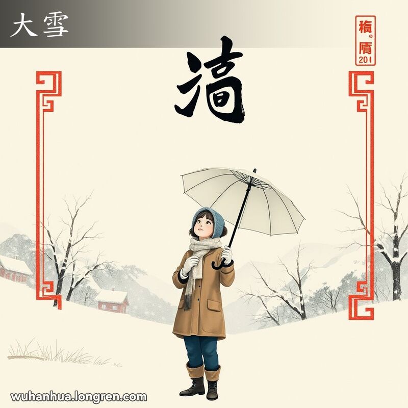 传统农历页面上显示“大雪”字样，背景是大雪纷飞的冬季景象，前景中有人手持雨伞享受雪景。