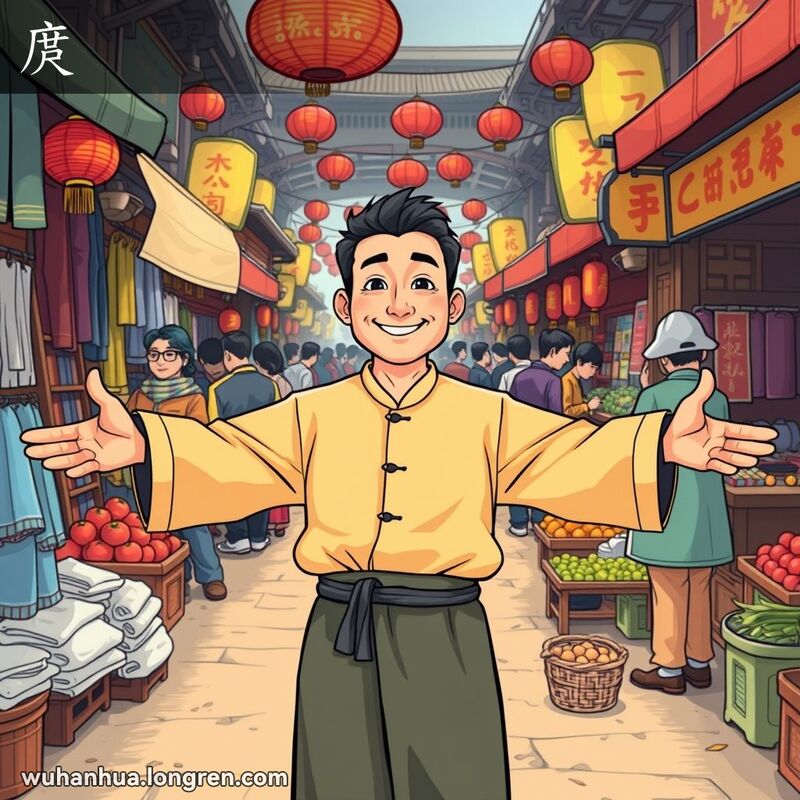 一个男子在传统中国市场中展示“庹”这个长度单位，背景是繁忙的市场和各种摊位