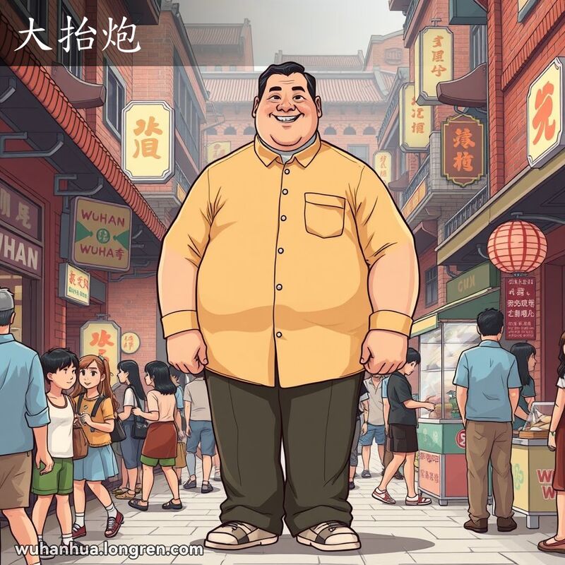 一位高大强壮的男子站在武汉街市中央，周围是红砖墙和小摊贩，体现了“大抬炮”的意思。