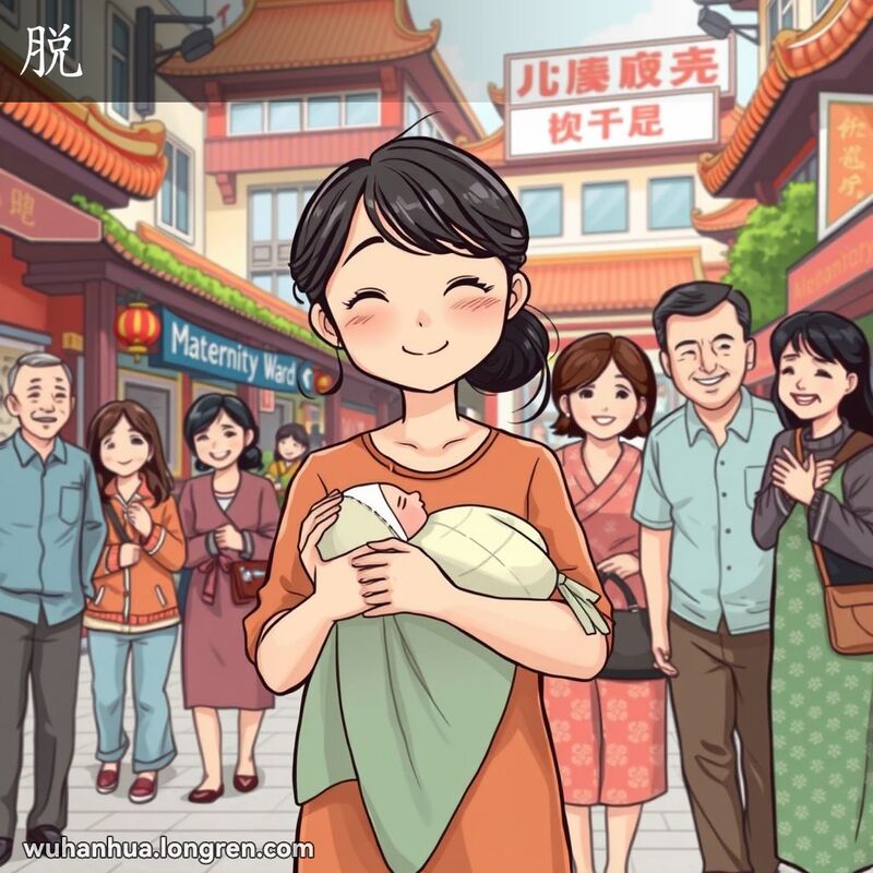 一位年轻的武汉妈妈在医院产房外，怀抱新生儿，脸上露出轻松和喜悦的表情，周围是亲人们的祝福和笑脸，背景是武汉的传统街景和医院