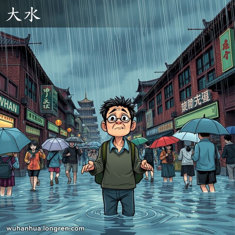 武汉市区暴雨天气，街道被洪水淹没，行人匆忙寻找避雨处，背景是武汉的传统建筑和老式招牌。