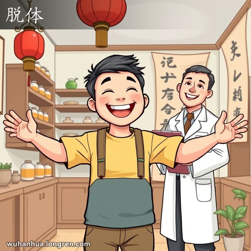 一位武汉男子在中医诊所里，面带微笑，双臂张开，表情轻松愉快，背景是传统的中医诊所。
