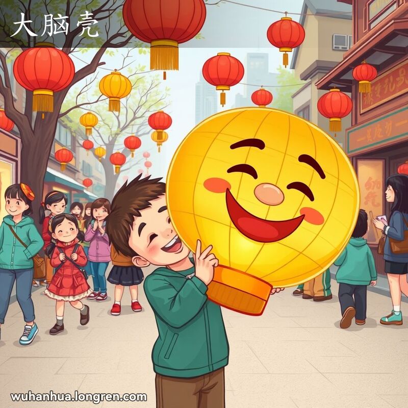 武汉元宵节街景，孩子手持大头纸灯笼（阿福），背景有红色灯笼和节日氛围